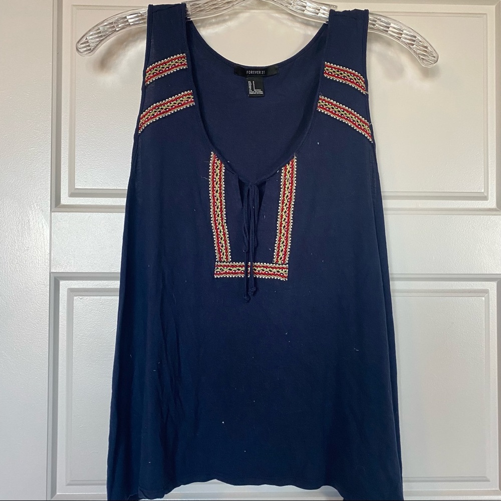 Navy Blue Aztec Patterned Tie Front Tank Top - Size S - Forever 21